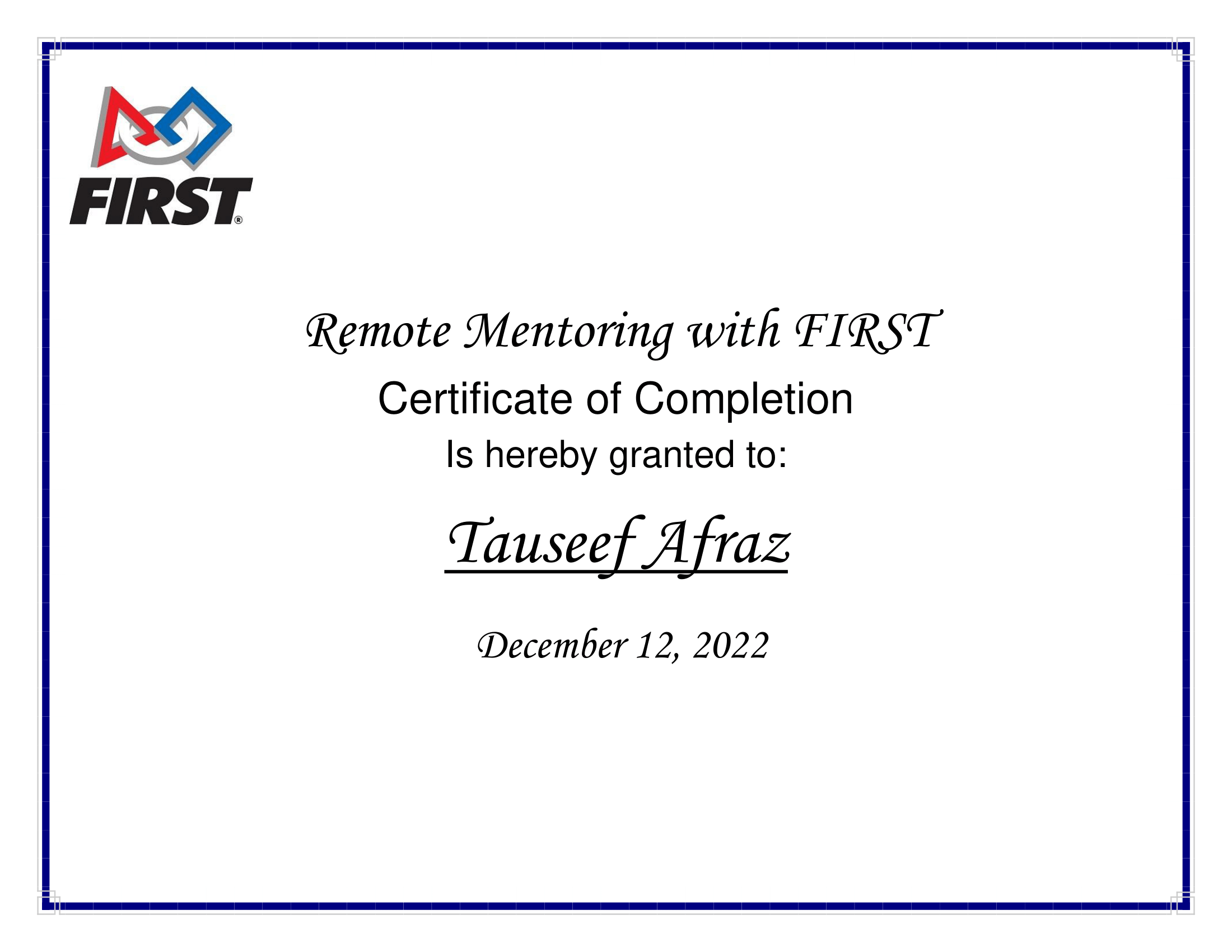 Remote Mentoring with FIRST completion certificate